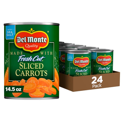 Canned Del Monte sliced carrots in a pack of 12, showing shiny, evenly sliced orange carrots in metal cans