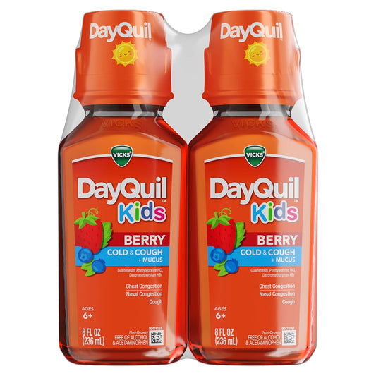 Vicks Kids DayQuil Berry Cold & Cough Medicine bottles with label, suitable for children ages 6+, featuring berry flavor, alcohol-free.