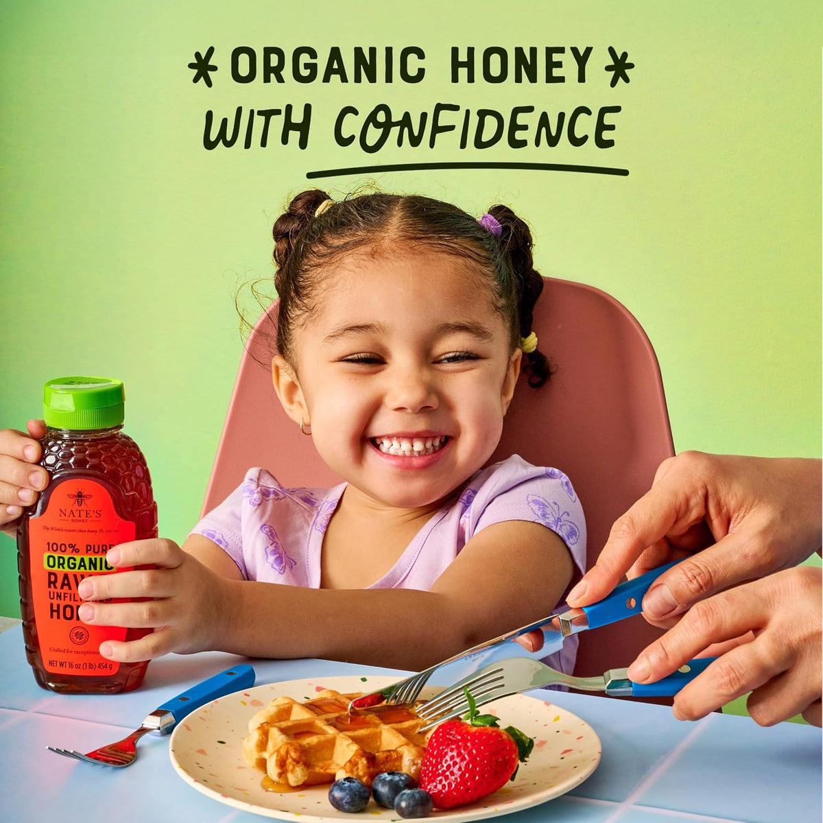 Nate's Organic Honey in a 16oz squeeze bottle, golden honey drizzled, showcasing natural, pure honey product.