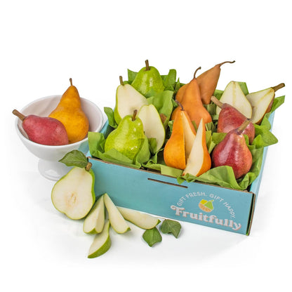 A Fruit Gift Basket from A Gift Inside featuring fresh Comice, Bosc, and Crimson Red pears in a gift box.