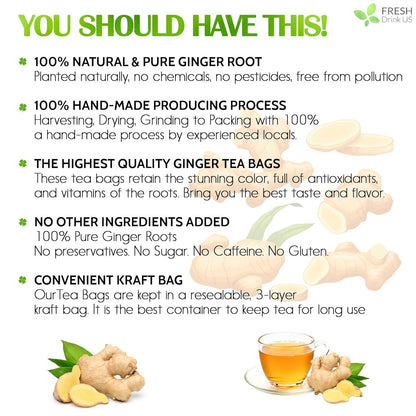 Premium Ginger Tea Bags, 100% Natural & Pure from Ginger Roots, Ginger Tea, Ginger Herbal Tea. Ginger Tea. No Sugar, No Caffeine, No Gluten, Vegan.