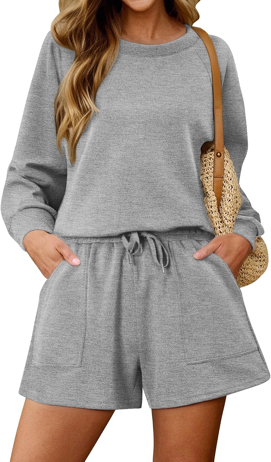 KISSMODA women's lounge set with matching sweatshirt top and shorts, comfortable casual outfit for relaxing at home.