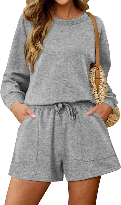 KISSMODA women's lounge set with matching sweatshirt top and shorts, comfortable casual outfit for relaxing at home.