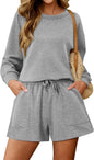 KISSMODA women's lounge set with matching sweatshirt top and shorts, comfortable casual outfit for relaxing at home.