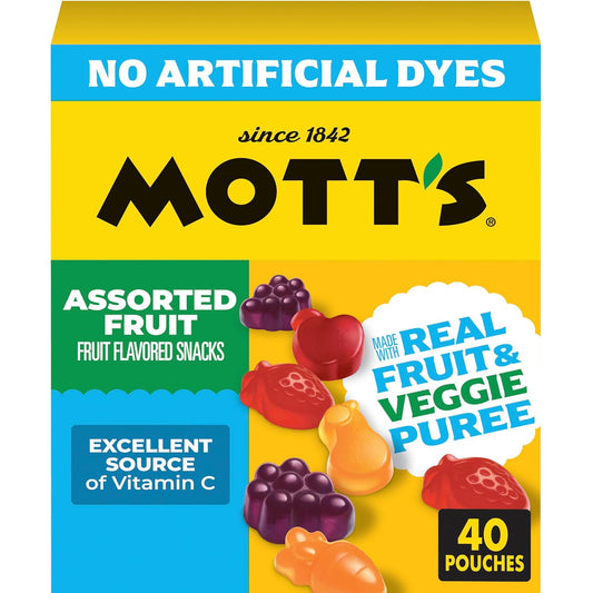 Mott's assorted fruit flavored snacks made with real fruit puree, 66 count, featuring colorful fruit snack packs.