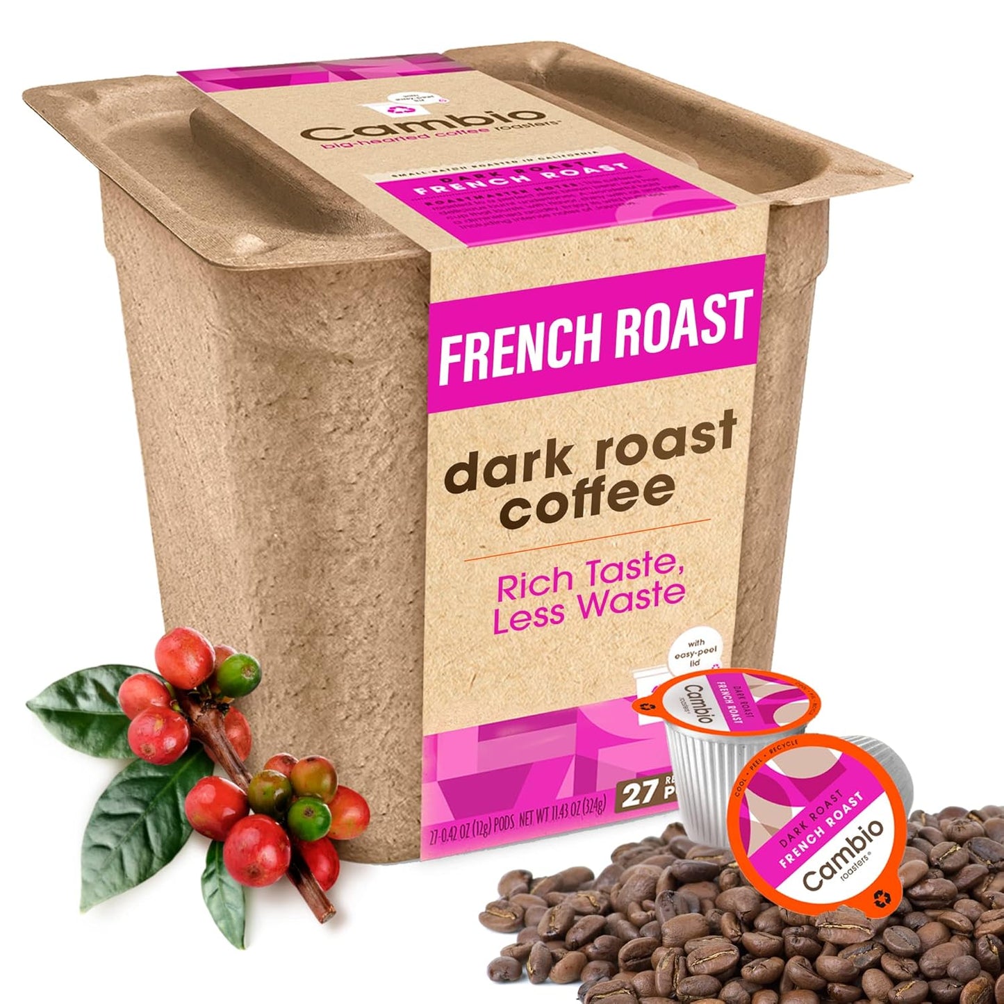 Cambio Roasters Colombian organic coffee pods in recyclable aluminum, Keurig compatible, medium roast with bold flavor, 60 count.