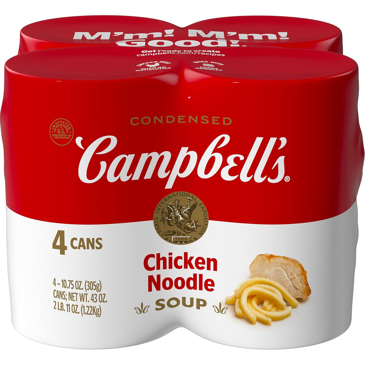 Four 10.75 oz cans of Campbell’s Condensed Chicken Noodle Soup stacked together, showcasing the packaged chicken soup product.