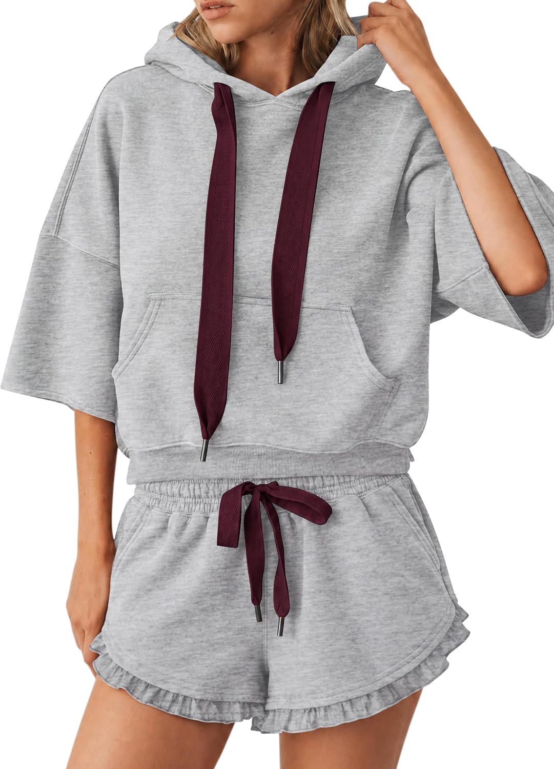 Lauweion women's 2-piece sweat set with boxy hoodie and ruffle trim shorts, casual loungewear for comfortable style