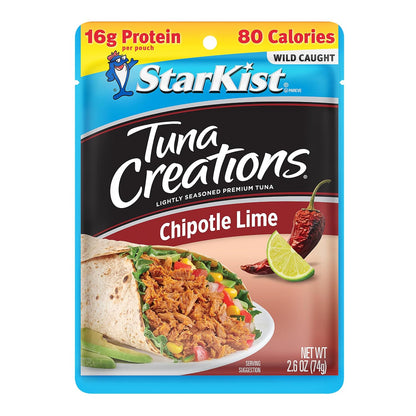 StarKist Tuna Creations Chipotle Lime packaged tuna fish pouch, 2.6oz, 24-pack for convenient seafood snack or meal.