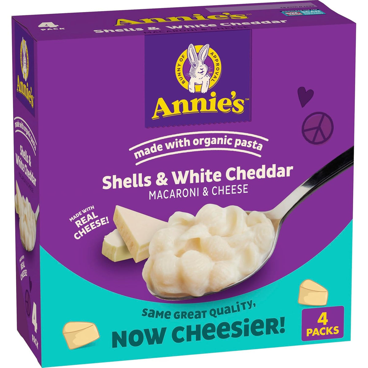 Annie's Homegrown Shells & White Cheddar organic pasta and real cheese packaged mac and cheese box with four 24 oz servings