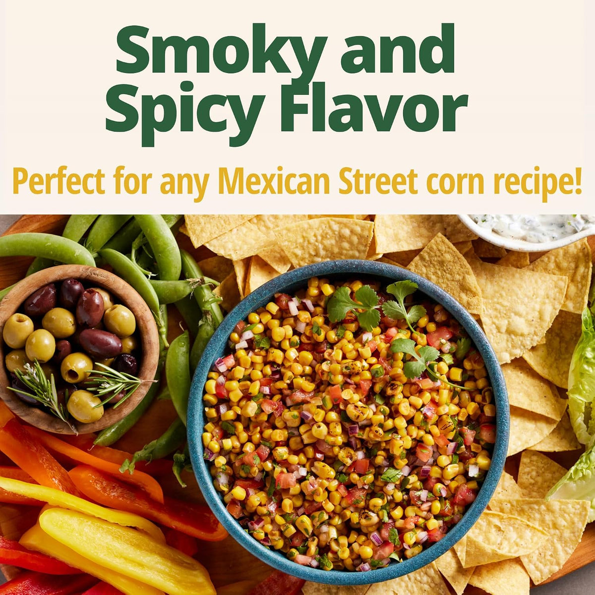 Canned Del Monte Mexican Street Corn in 14.75 oz. cans, pack of 12, showing colorful corn with seasoning and lime slices.