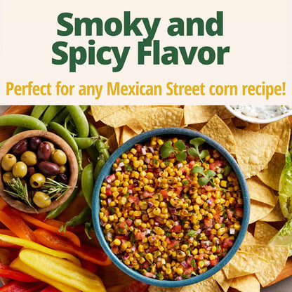 Canned Del Monte Mexican Street Corn in 14.75 oz. cans, pack of 12, showing colorful corn with seasoning and lime slices.