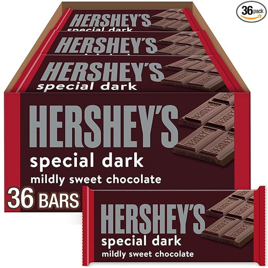 Hershey's Special Dark Chocolate Bar 36-pack, rich and smooth dark chocolate candies from Hershey's in a retail package