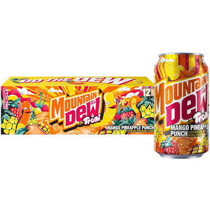 12-pack of Mountain Dew soda cans, 12 fl oz each, featuring the iconic green Mountain Dew branding and vibrant design.