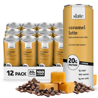Slate Milk high protein shakes and iced coffees in chocolate, mocha, vanilla, and French vanilla, 11 fl oz cans, lactose free.