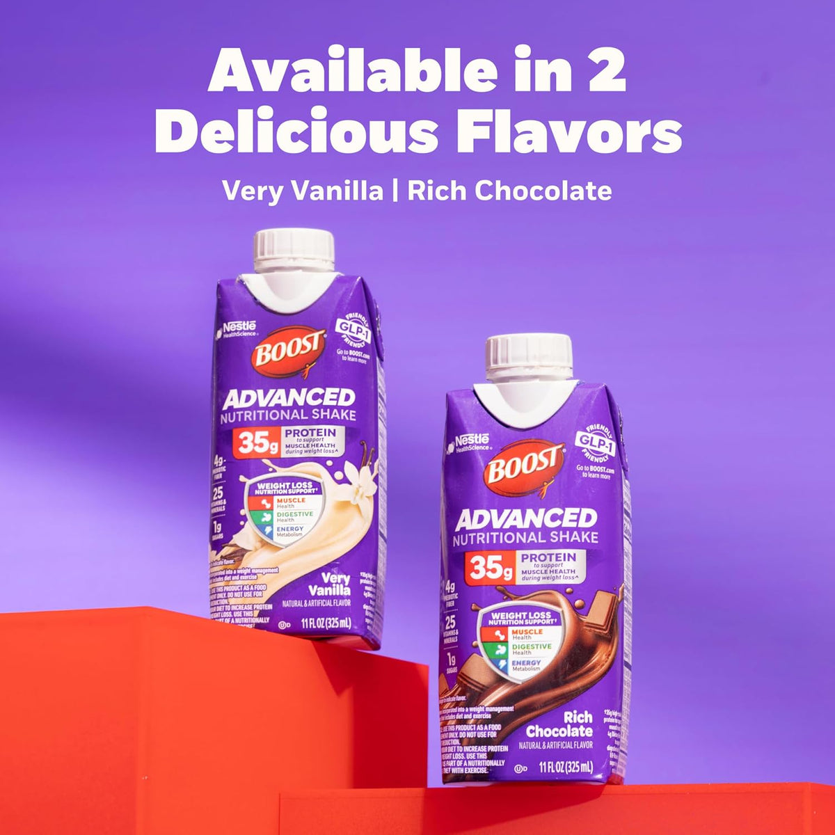 BOOST Advanced Nutritional Protein Shake in chocolate flavor, 12-11 fl oz cartons, creamy drink with a chocolate appearance.