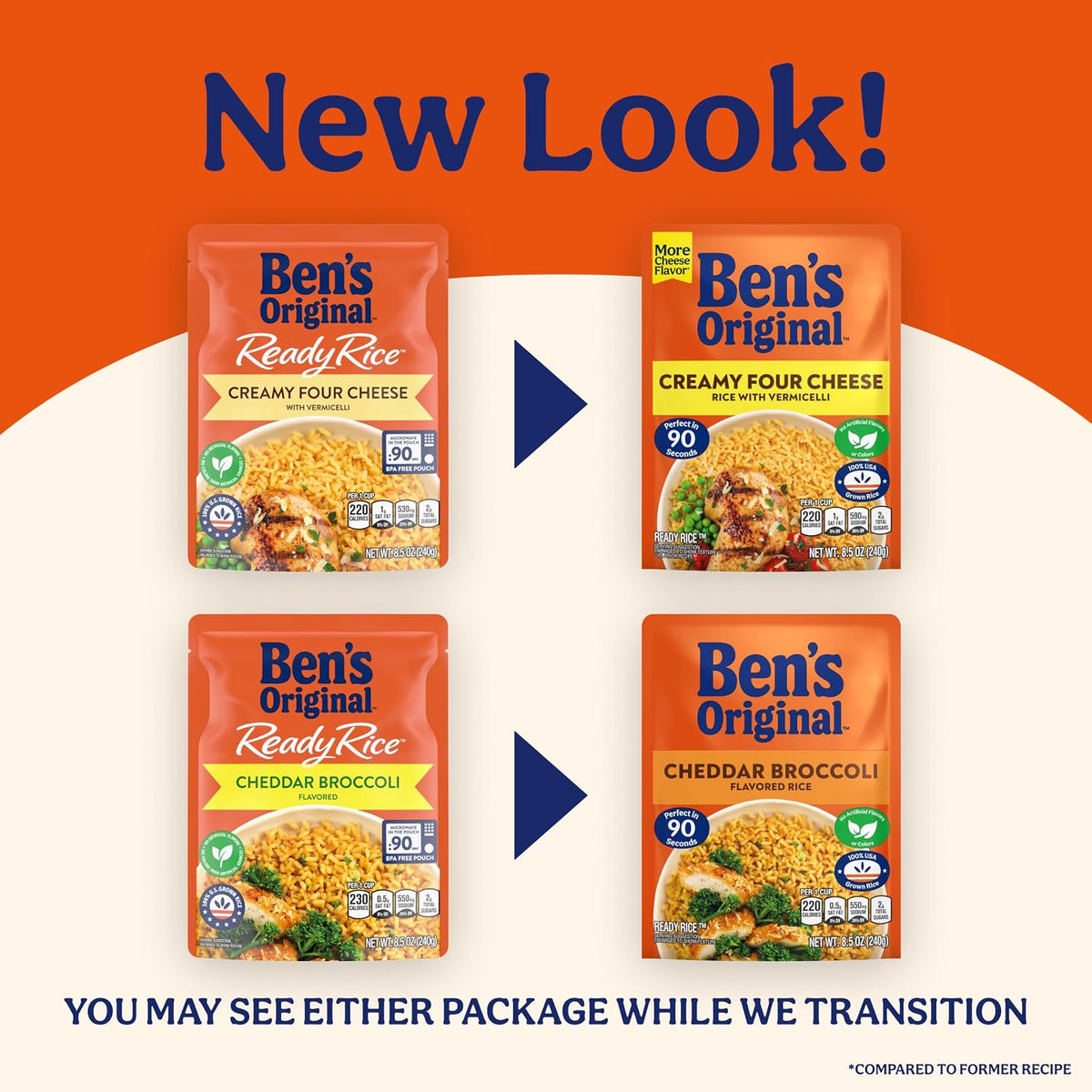 Ben's Original Four Cheese & Cheddar Broccoli microwave-ready rice pack, 8.5oz, with cheese, broccoli, and rice visible in the image.