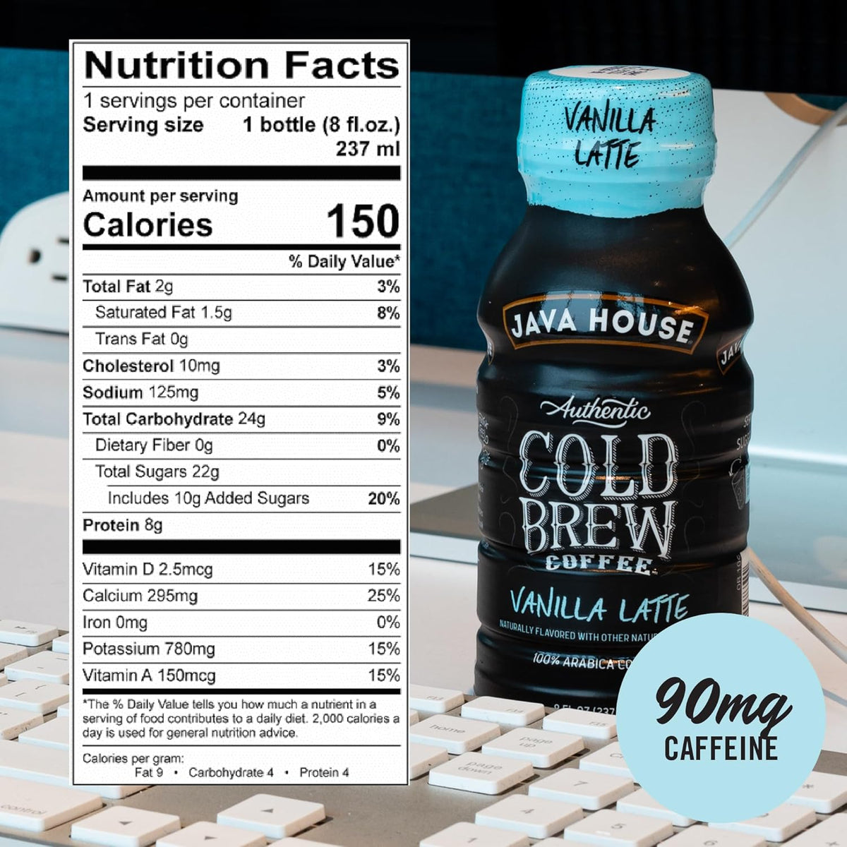 Java House Cold Brew 8oz bottles with French Vanilla Latte flavor, showing creamy coffee drink in a clear plastic bottle.