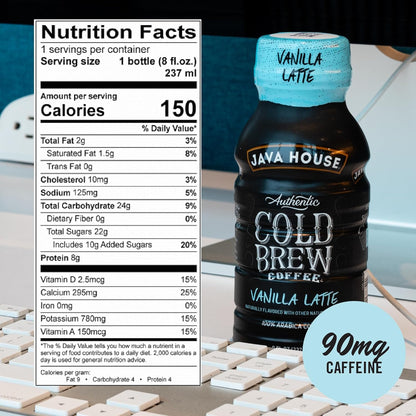 Java House Cold Brew 8oz bottles with French Vanilla Latte flavor, showing creamy coffee drink in a clear plastic bottle.
