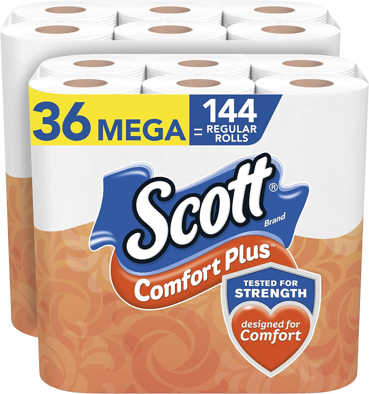 Scott ComfortPlus toilet paper, 12 triple rolls with 231 sheets each, septic-safe 1-ply toilet tissue, shown in the image.