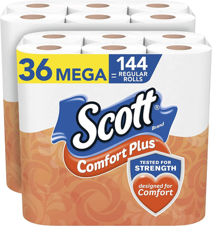 Scott ComfortPlus toilet paper, 12 triple rolls with 231 sheets each, septic-safe 1-ply toilet tissue, shown in the image.