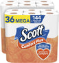 Scott ComfortPlus toilet paper, 12 triple rolls with 231 sheets each, septic-safe 1-ply toilet tissue, shown in the image.