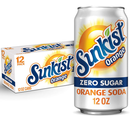 Sixteen-ounce cans of Dr Pepper Sunkist Zero Sugar Orange Soda, 12-pack, featuring bright orange soda in aluminum cans.