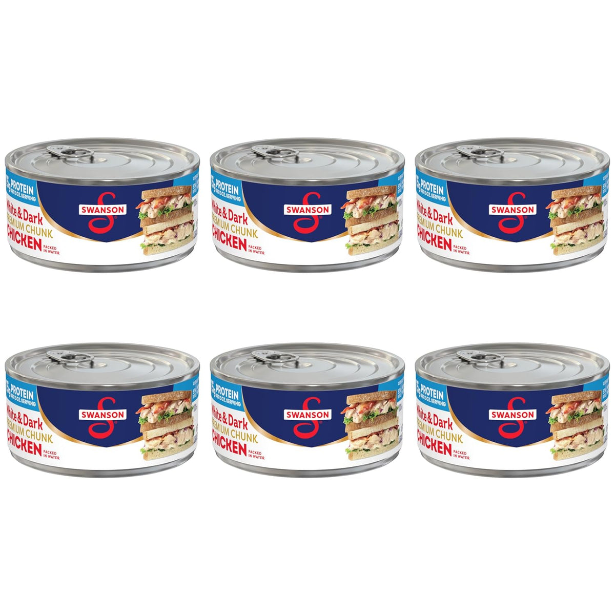 Canned Swanson White Premium Chunk Chicken in Water, 4 cans of 2.4 oz each, showing the product in its can with label visible.