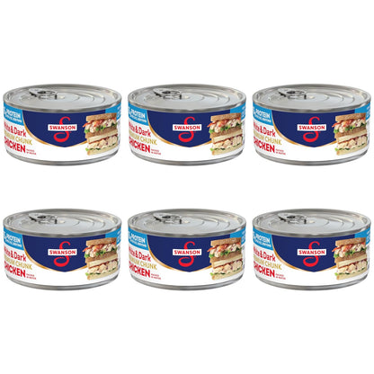 Canned Swanson White Premium Chunk Chicken in Water, 4 cans of 2.4 oz each, showing the product in its can with label visible.