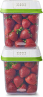 Rubbermaid FreshWorks large produce storage containers set with four clear plastic preservation containers for fruits and vegetables.