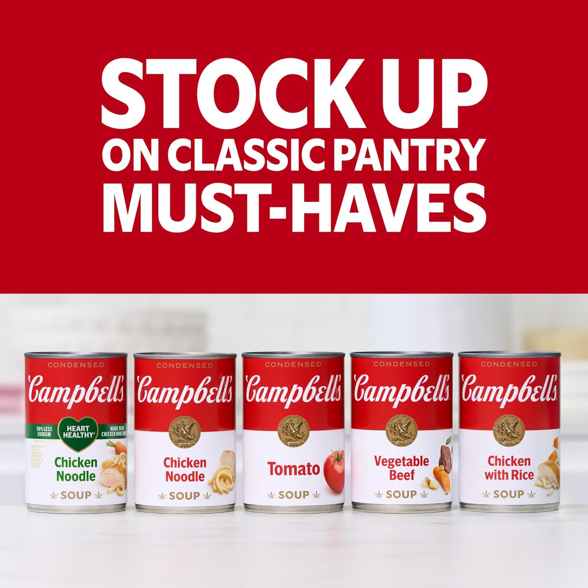 Four 10.75 oz cans of Campbell's condensed chicken noodle soup, featuring classic packaging and branding.