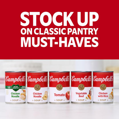 Four 10.75 oz cans of Campbell's condensed chicken noodle soup, featuring classic packaging and branding.