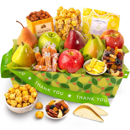 Fresh fruit gift basket by A Gift Inside with pears, apples, mixed fruit, nuts, and sweet snacks in a stylish gift box.