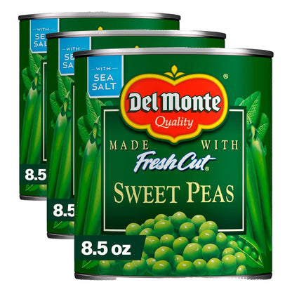 Canned Del Monte sweet peas in a 15-ounce pack, showing bright green, fresh-looking peas inside the metal can.