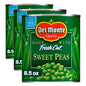 Canned Del Monte sweet peas in a 15-ounce pack, showing bright green, fresh-looking peas inside the metal can.