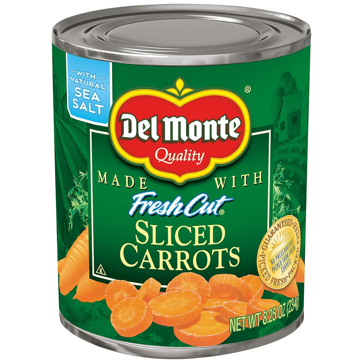 Pack of Del Monte sliced carrots in 8.25-ounce cans, showing bright orange prepackaged carrots in a sealed can.