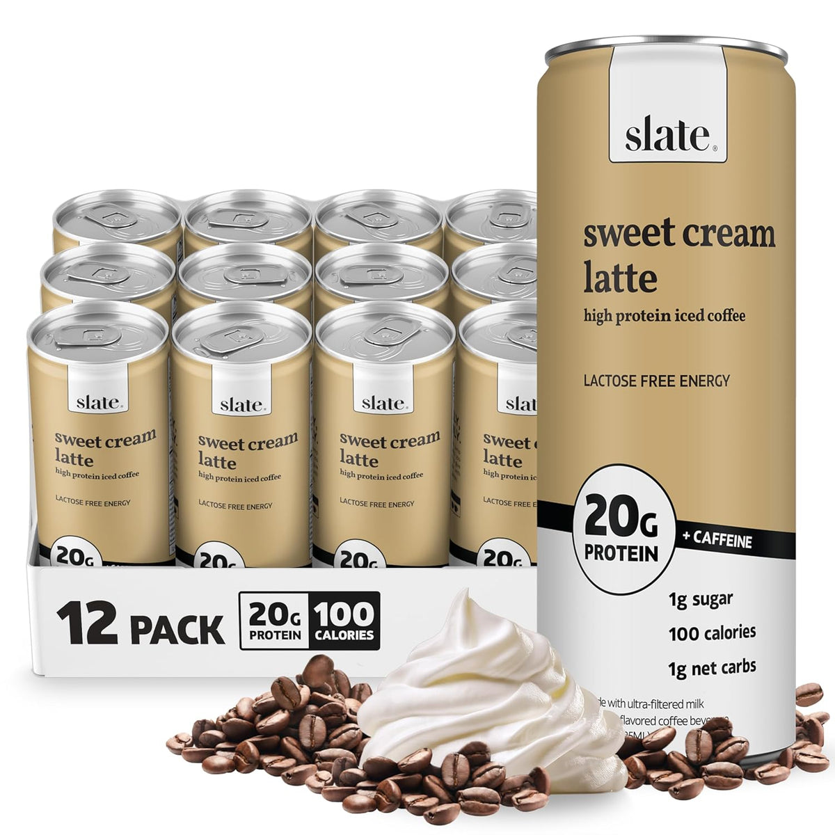Slate Milk high protein milk shakes and iced coffees with chocolate, mocha, vanilla flavors in 11 fl oz cans, lactose-free.