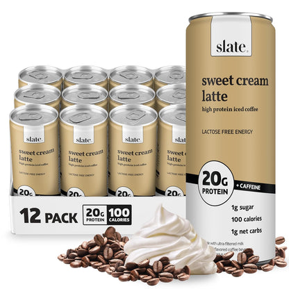 Slate Milk high protein milk shakes and iced coffees with chocolate, mocha, vanilla flavors in 11 fl oz cans, lactose-free.