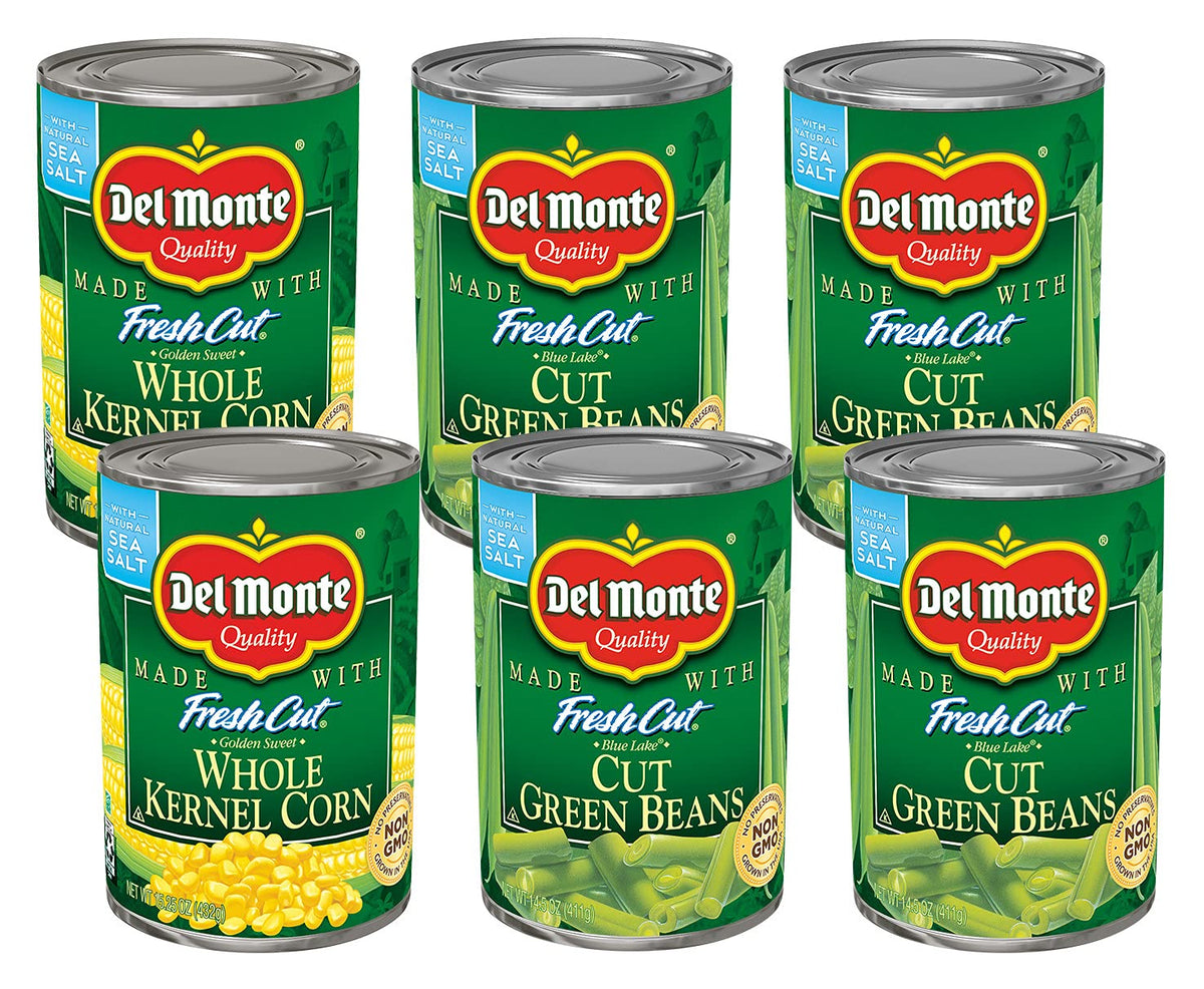 Canned green beans from Del Monte, 14.5 oz, fresh cut blue lake green beans in a 4-pack, ready for cooking or serving.