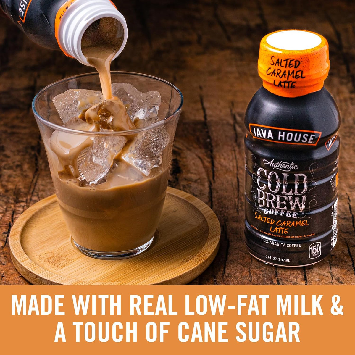 12 Java House Cold Brew 8oz bottles with salted caramel latte flavor, featuring creamy caramel and coffee in a sleek bottle.