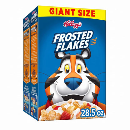 Kellogg's Frosted Flakes original giant size breakfast cereal box with colorful tiger mascot and frosted flakes cereal inside