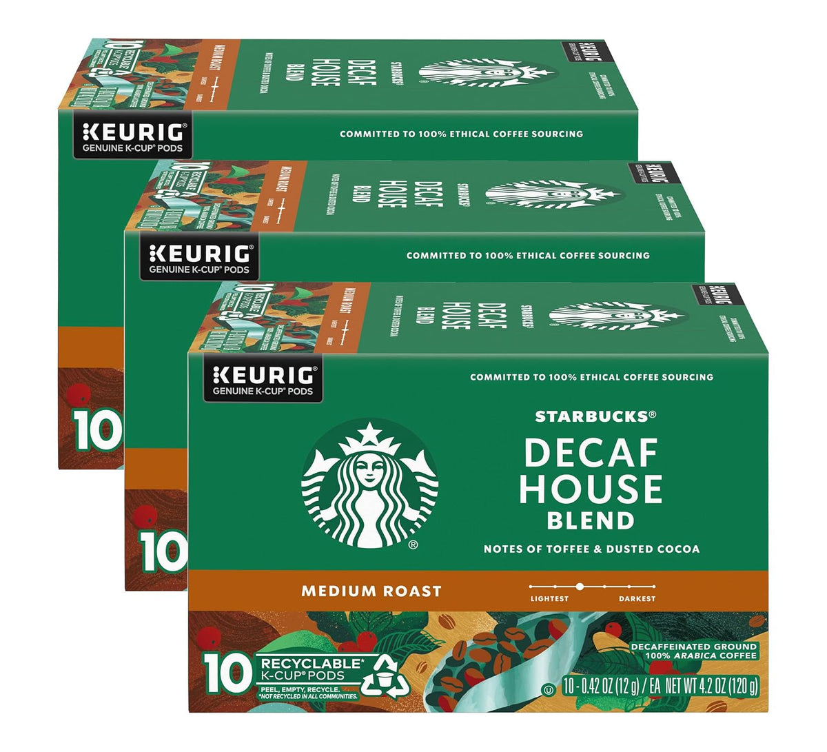 Starbucks Decaf House Blend medium roast K-Cup coffee pods, 40 count, with a close-up of the coffee pod packaging.