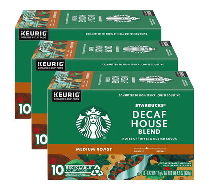 Starbucks Decaf House Blend medium roast K-Cup coffee pods, 40 count, with a close-up of the coffee pod packaging.