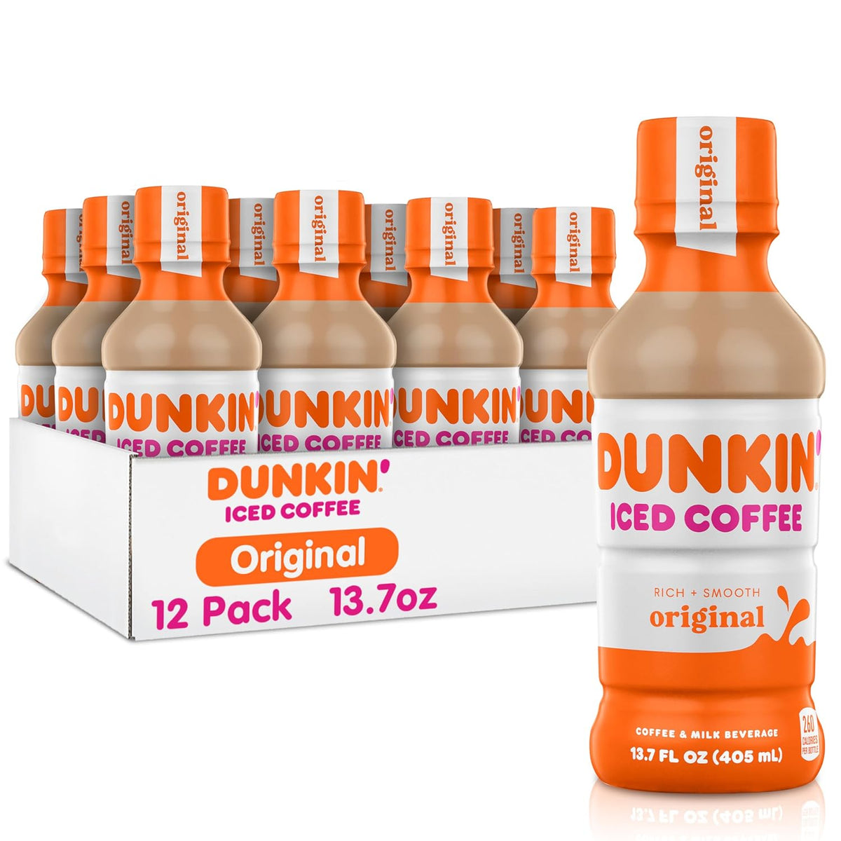 Dunkin' Mocha Iced Coffee bottle, 13.7 fl oz, pack of 12, cold brewed beverage with chocolate flavor and creamy texture.