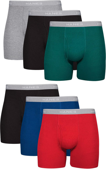 Hanes men's boxer briefs pack featuring cool, breathable cotton moisture-wicking underwear with a no ride-up fit.