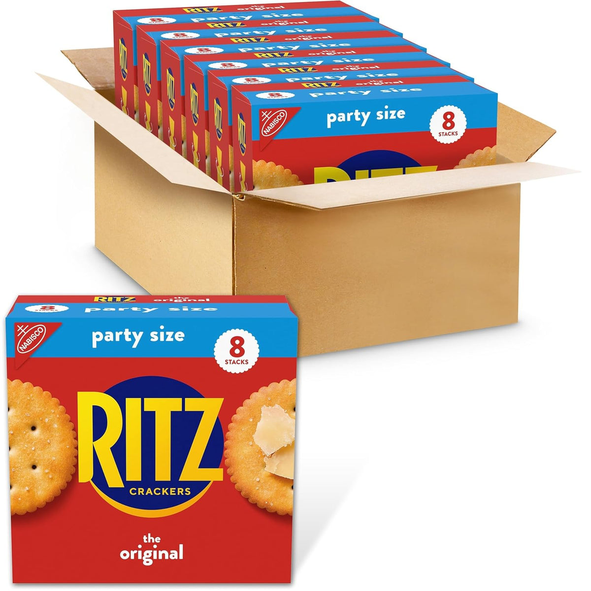 Ritz Fresh Stacks Original Crackers in party size box with 16 multi-pack snack packs, featuring round crispy snack crackers.
