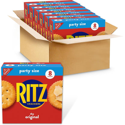 Ritz Fresh Stacks Original Crackers in party size box with 16 multi-pack snack packs, featuring round crispy snack crackers.