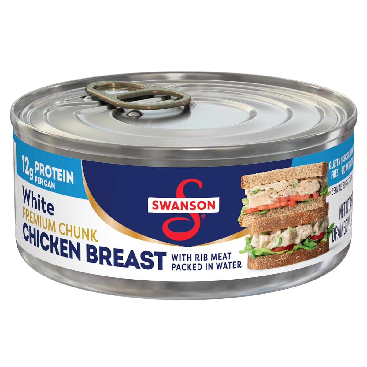 Swanson White Premium Chunk Canned Chicken in Water, 4 cans of 2.4 oz each, showing the product packaging and labels.