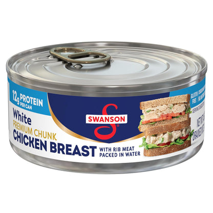 Swanson White Premium Chunk Canned Chicken in Water, 4 cans of 2.4 oz each, showing the product packaging and labels.