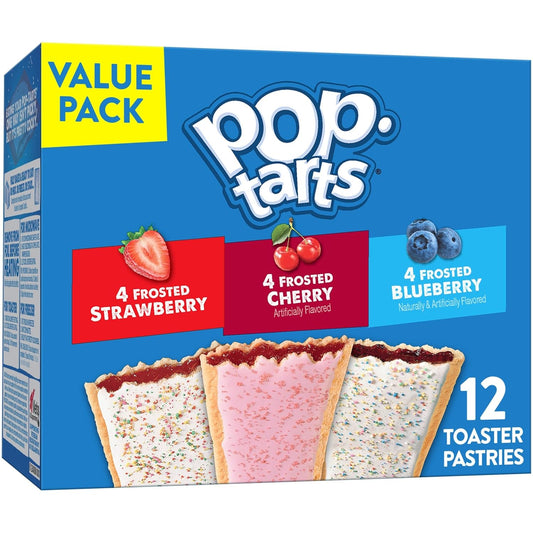 Box of Pop-Tarts Toaster Pastries Fruit Lover's Variety Pack with 12 breakfast snacks in a 20.3oz box, ideal for kids.